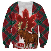 Unisex red crewneck sweatshirt with moose graphic and plaid sleeves, Merry Christmas text