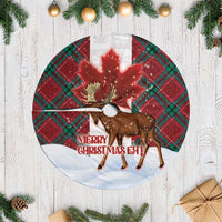 Red and green plaid Christmas tree skirt with moose, maple star, and fringe edge