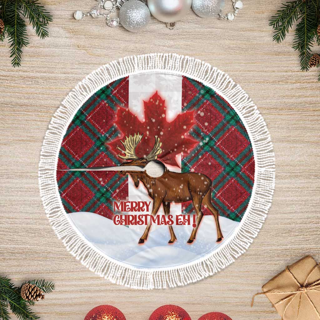 Fringed round tree skirt with moose and red maple design, Merry Christmas text