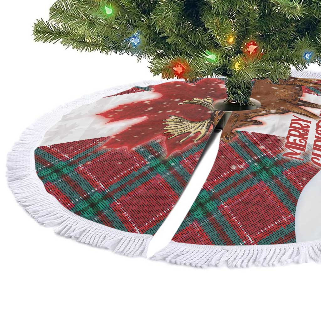 Red and green plaid tree skirt with moose graphic and white fringe border