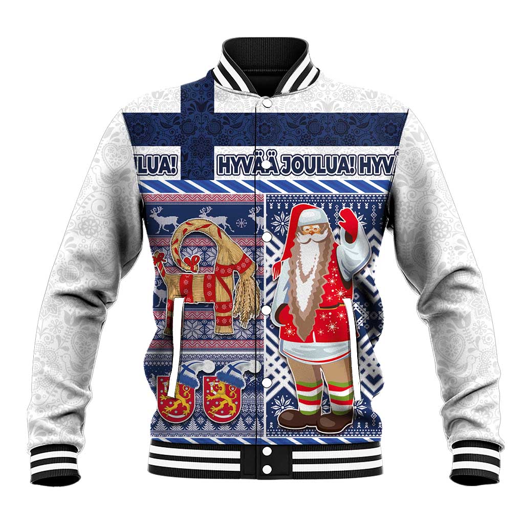 Unisex blue-and-white varsity baseball jacket with Scandinavian holiday graphics, ribbed hem