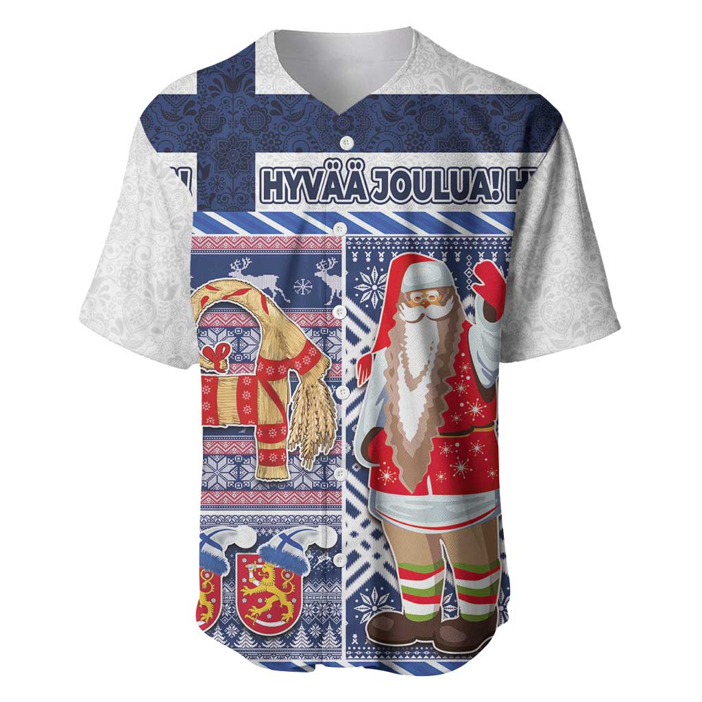 Blue baseball jersey with Nordic yule goat and Santa graphic, short sleeves