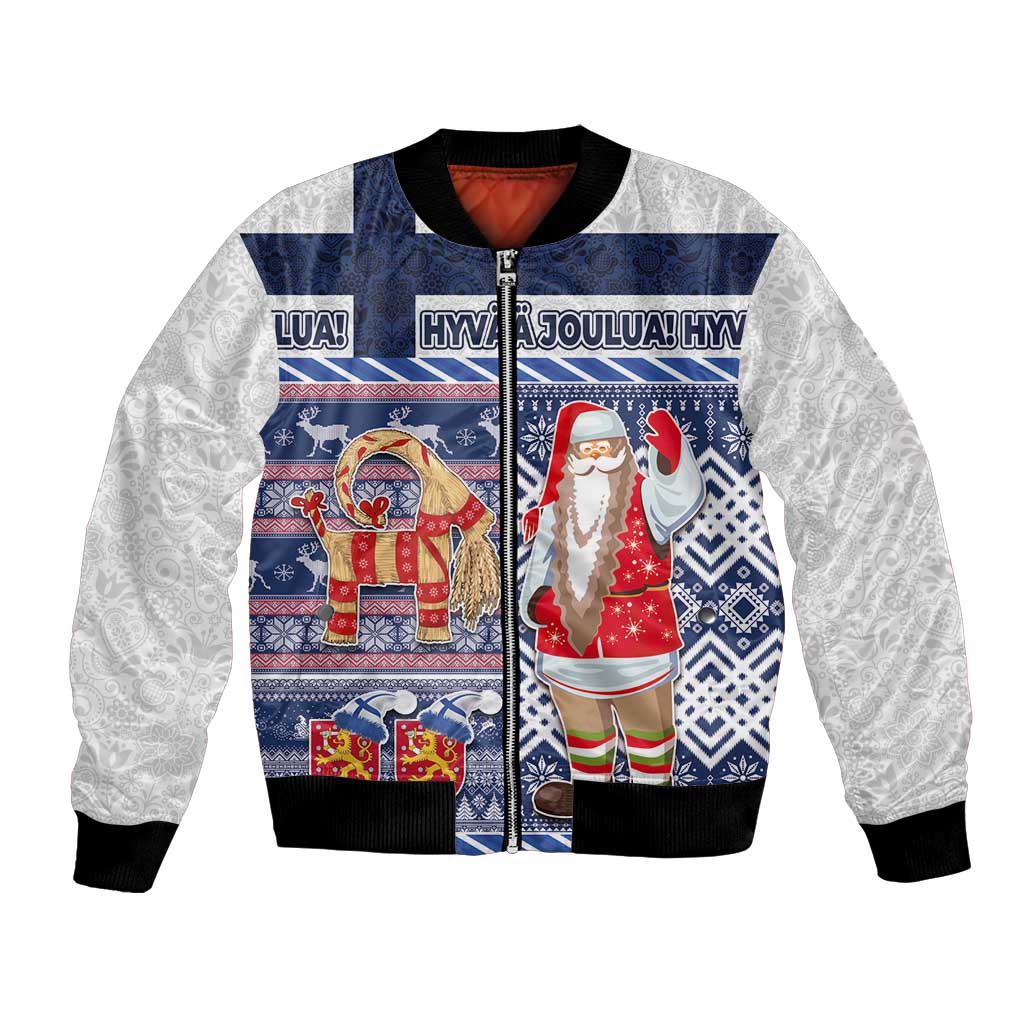 Unisex bomber jacket in blue and white with Santa and goat festive graphic, full zip