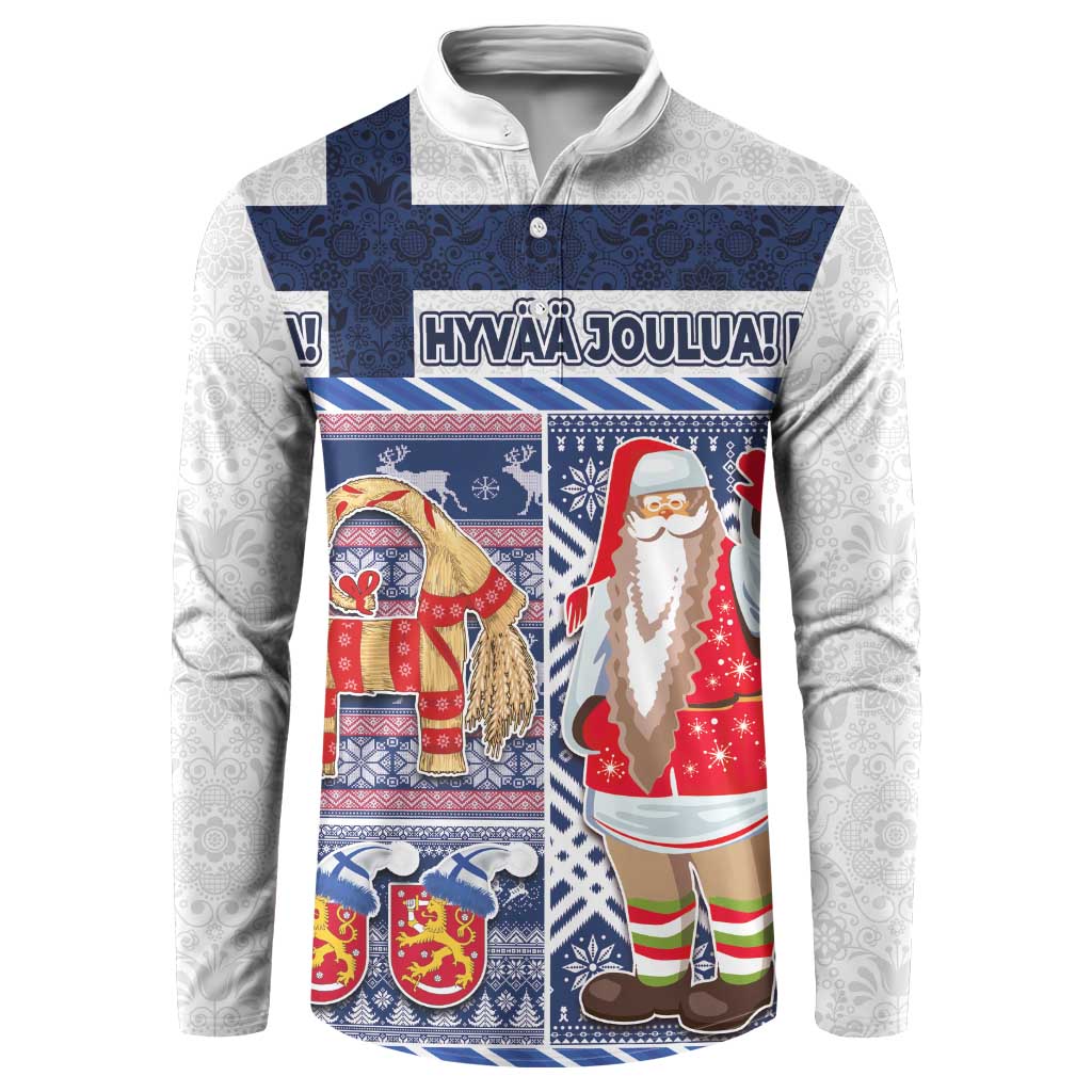Blue and white crewneck button sweatshirt with Scandinavian holiday graphic print