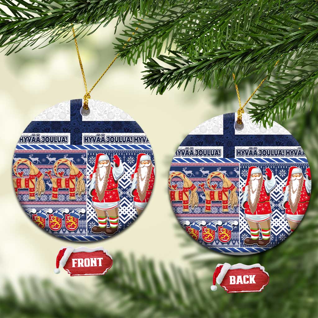 Blue circular Finnish Christmas ceramic ornament with Nordic Santa pattern, hanging loop.