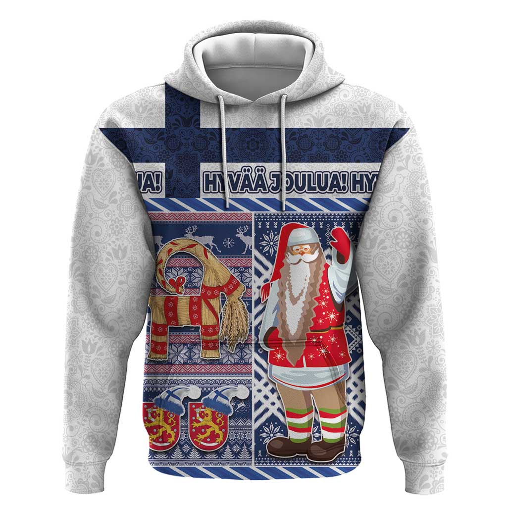 Christmas pullover hoodie with blue holiday print, Joulupukki and goat characters
