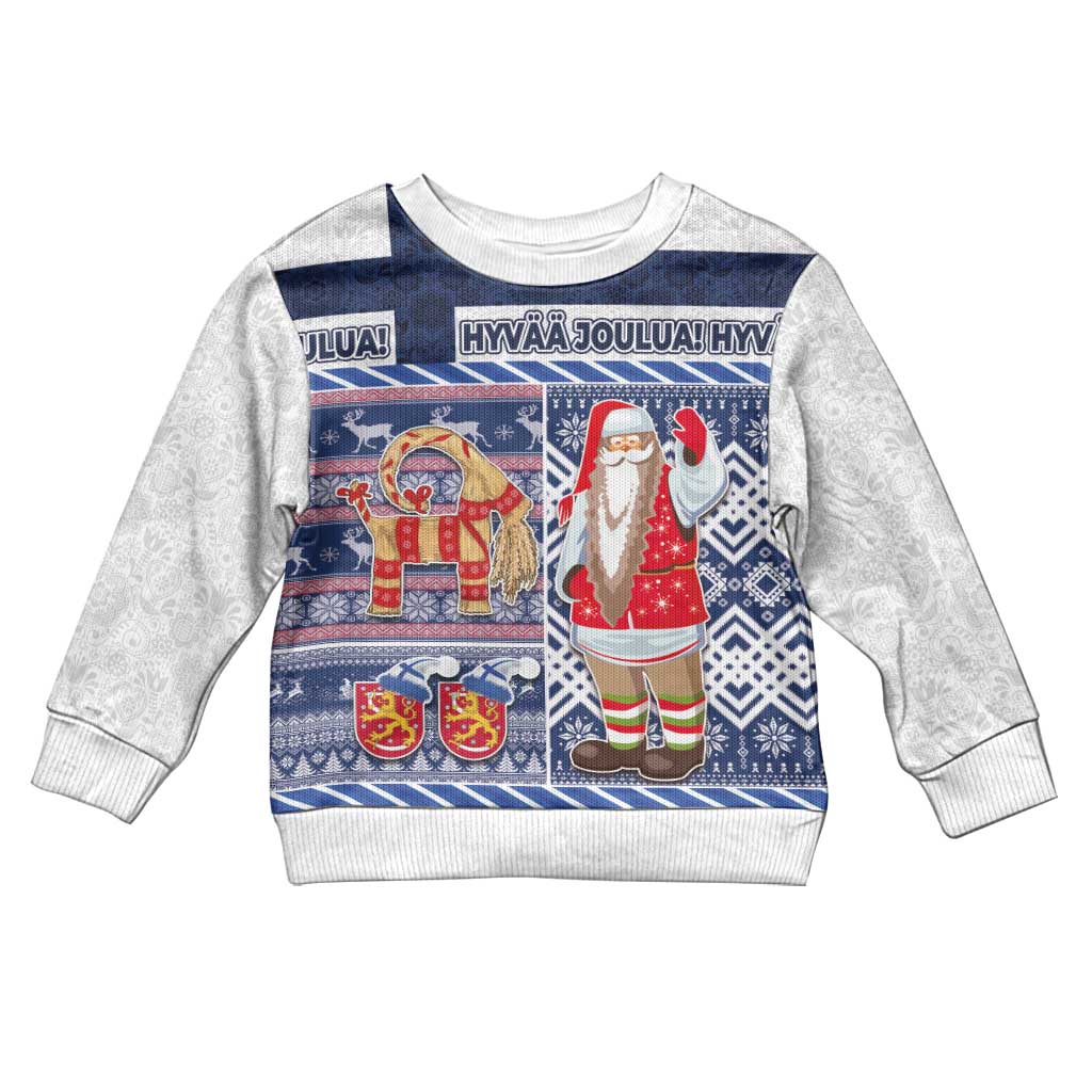 Kids Christmas sweater with blue-and-gray knit and colorful Santa, rider, and mittens print