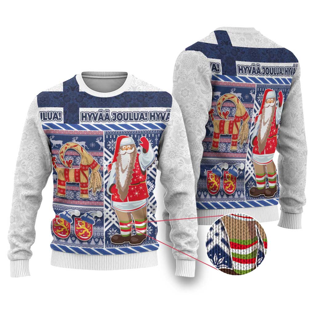 Nordic Christmas sweater, blue-and-gray knit with Santa and goat patch motif