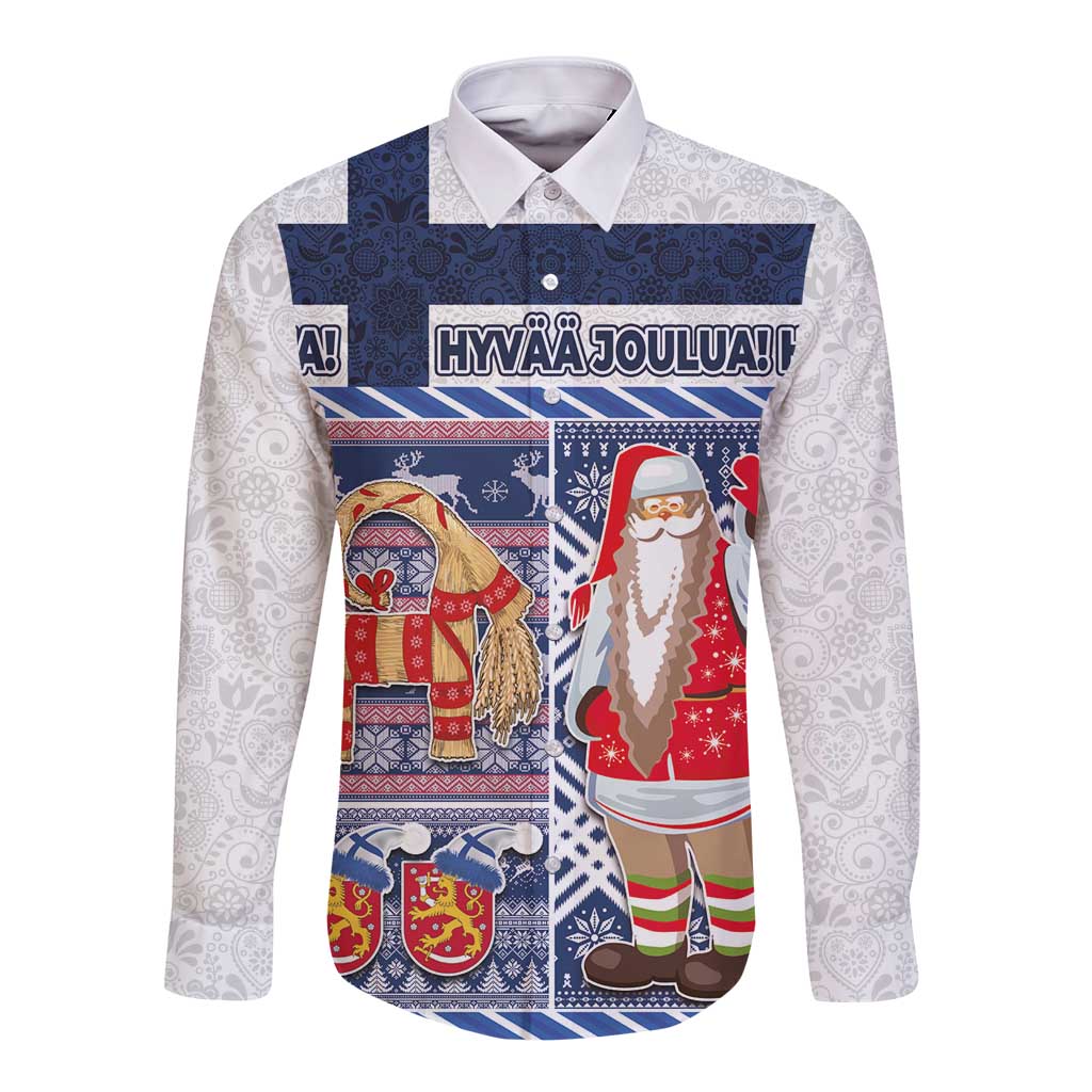 Unisex long-sleeve button shirt with blue Nordic holiday panel and Santa print