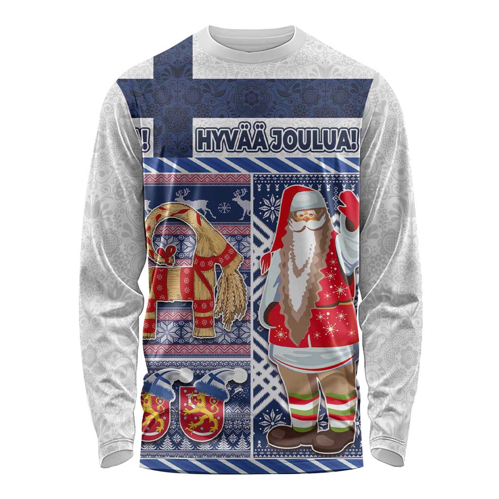 Unisex Christmas long-sleeve shirt in blue and white, Santa and elf graphic