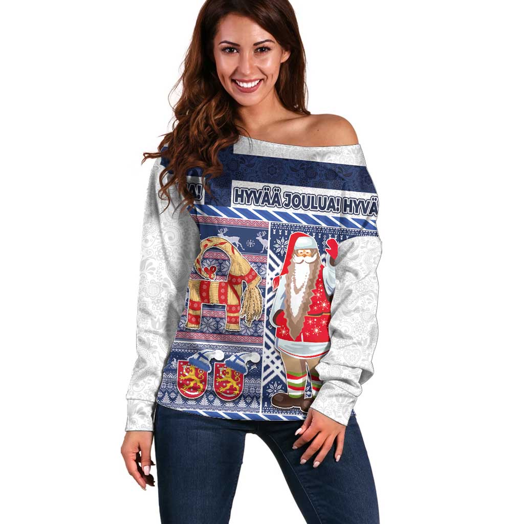 Women's off-shoulder Christmas sweater, blue-and-white Scandinavian print with Santa figures