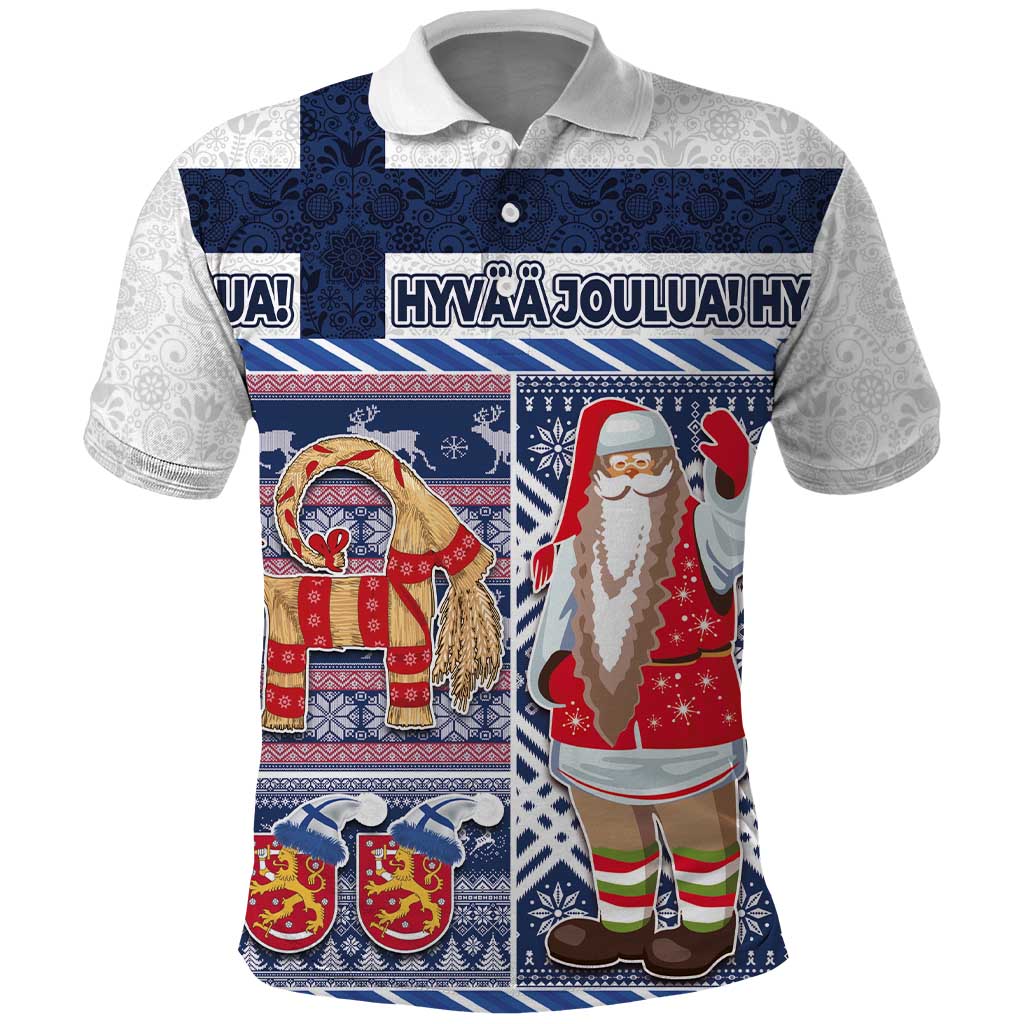 Blue holiday polo shirt with Santa, goat and mittens; white collar and short sleeves
