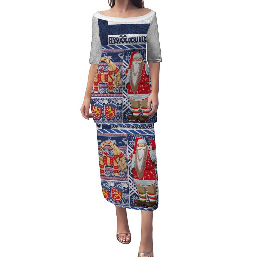 Long dress with blue-and-red Scandinavian Christmas print, gray short sleeves