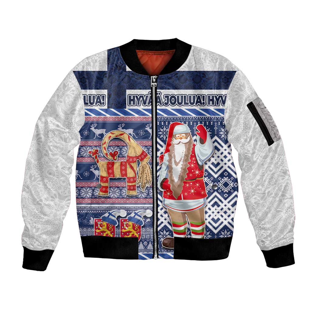 Unisex bomber jacket, full-zip front, blue festive Nordic pattern, black rib trim