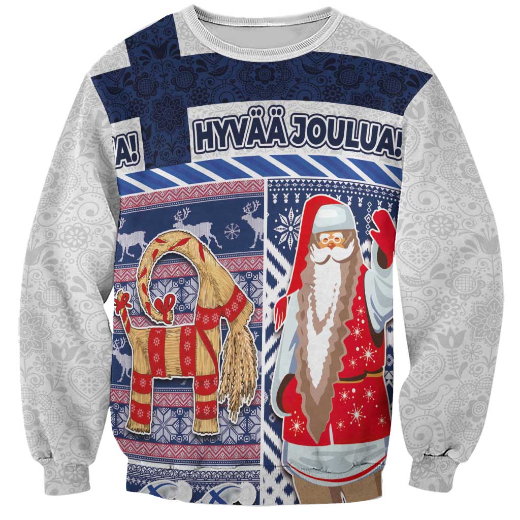 Unisex blue and white Christmas sweatshirt with Santa and goat graphic front