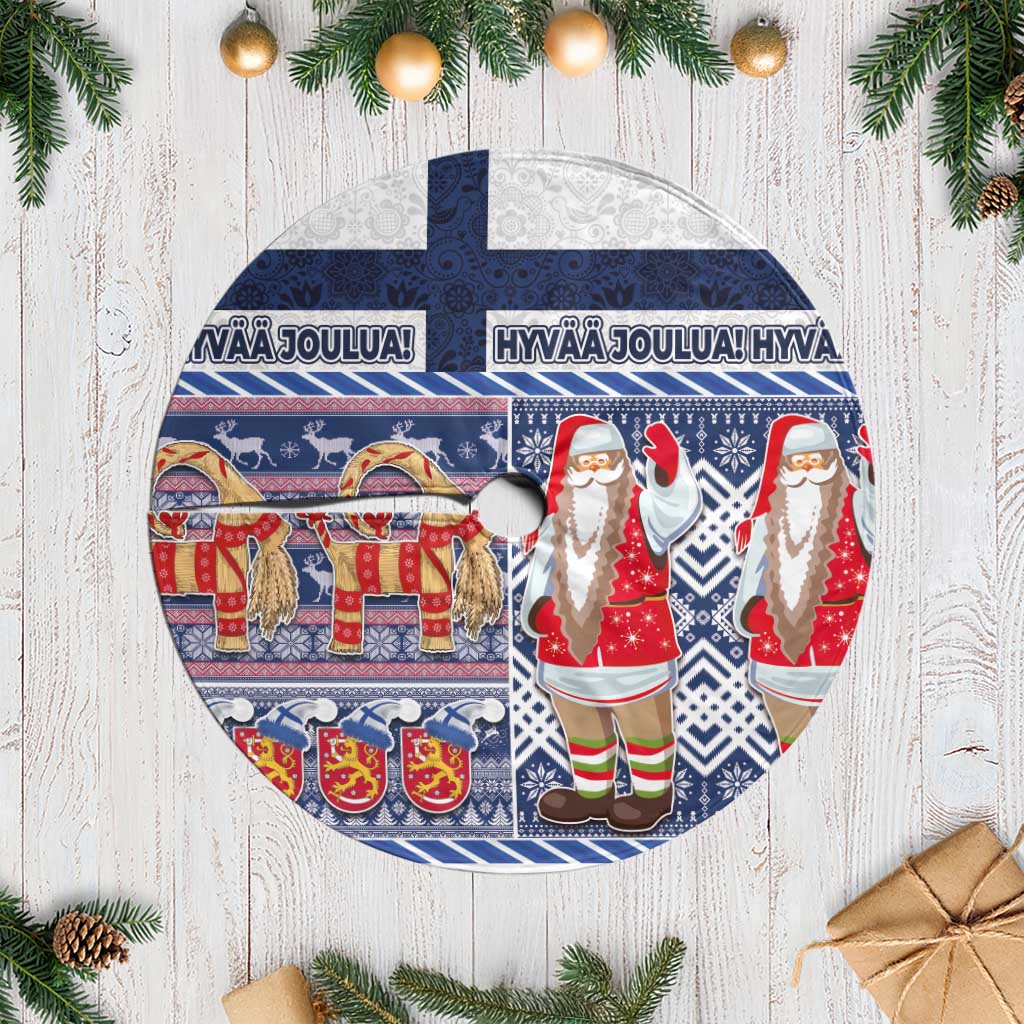 Blue and white round Christmas tree skirt with fringe edge and Nordic Santa goat pattern
