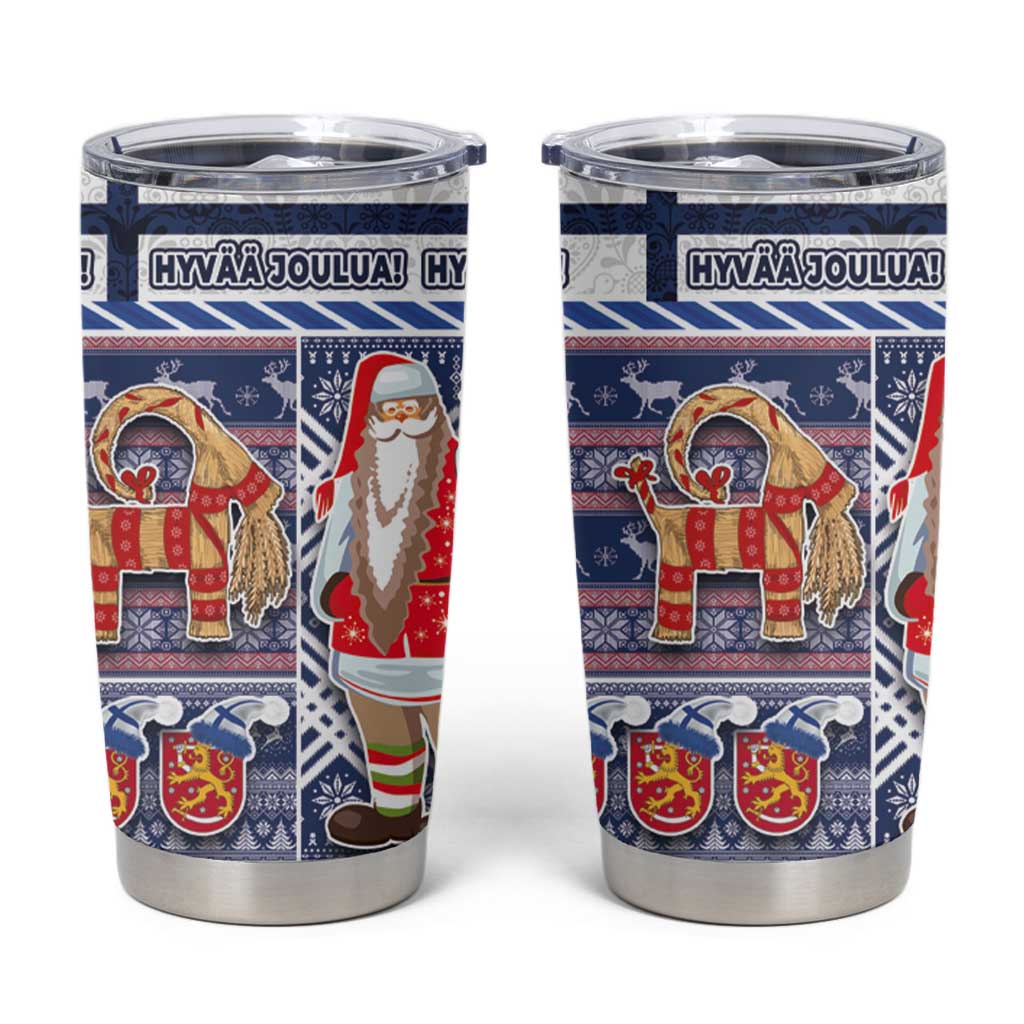 Blue Christmas tumbler cups with Santa and reindeer Nordic pattern, clear lid.