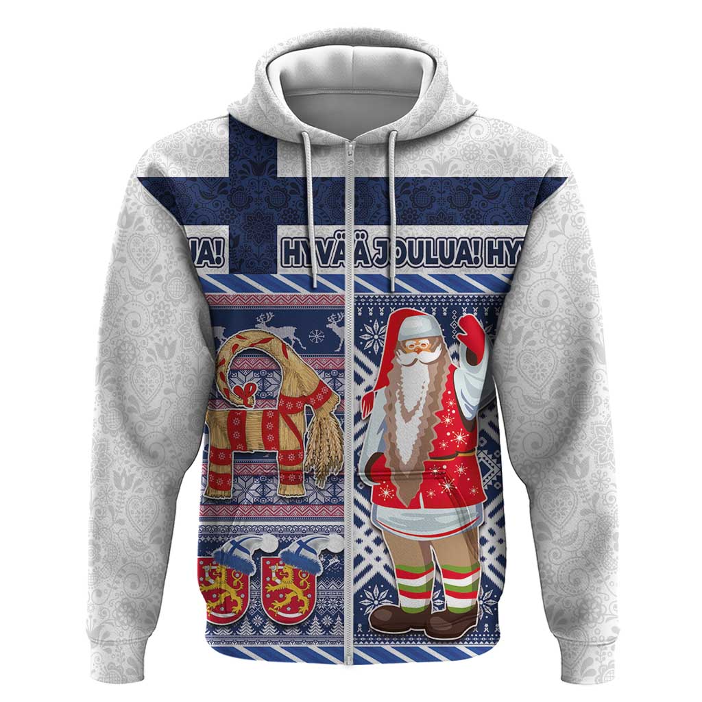 Gray zip hoodie with blue Christmas scene graphic panel and hood