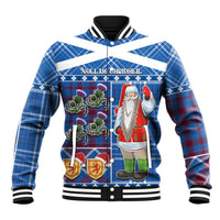 Blue tartan Santa baseball jacket with hood, ribbed cuffs, striped hem, button front