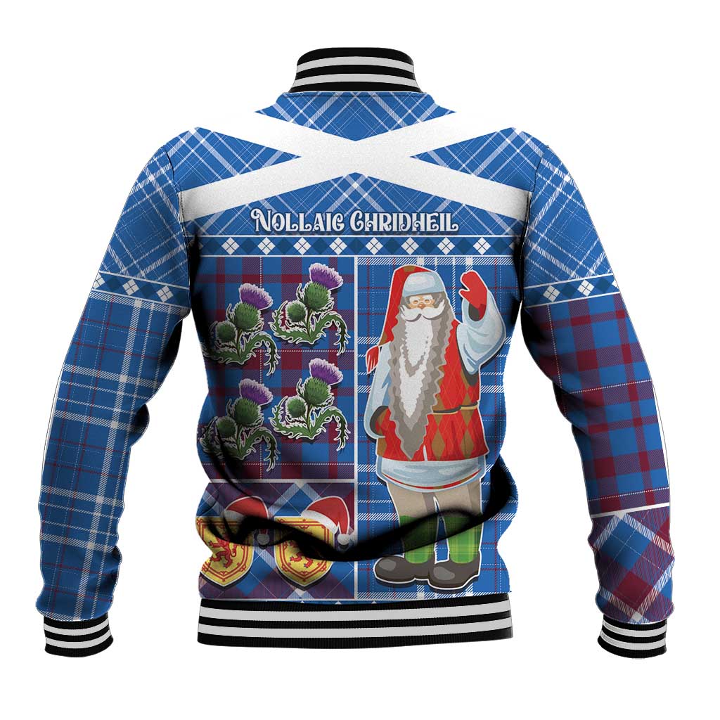 Blue tartan Santa baseball jacket back graphic with hood, ribbed cuffs, striped hem