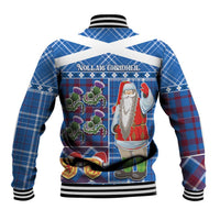 Blue tartan Santa baseball jacket back graphic with hood, ribbed cuffs, striped hem