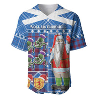 Blue Scottish tartan baseball jersey with Santa graphic and V-neck collar