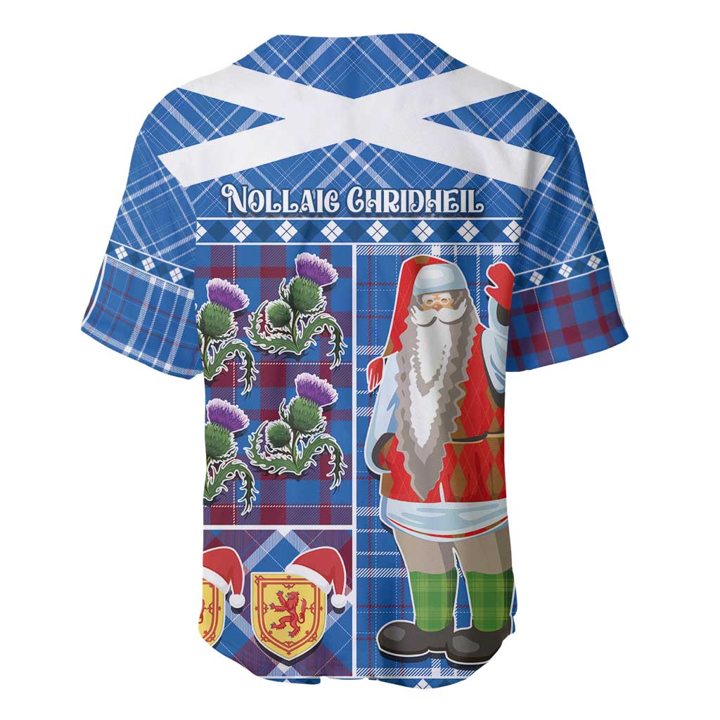 Blue Scottish tartan baseball jersey with Santa back graphic and V-neck collar
