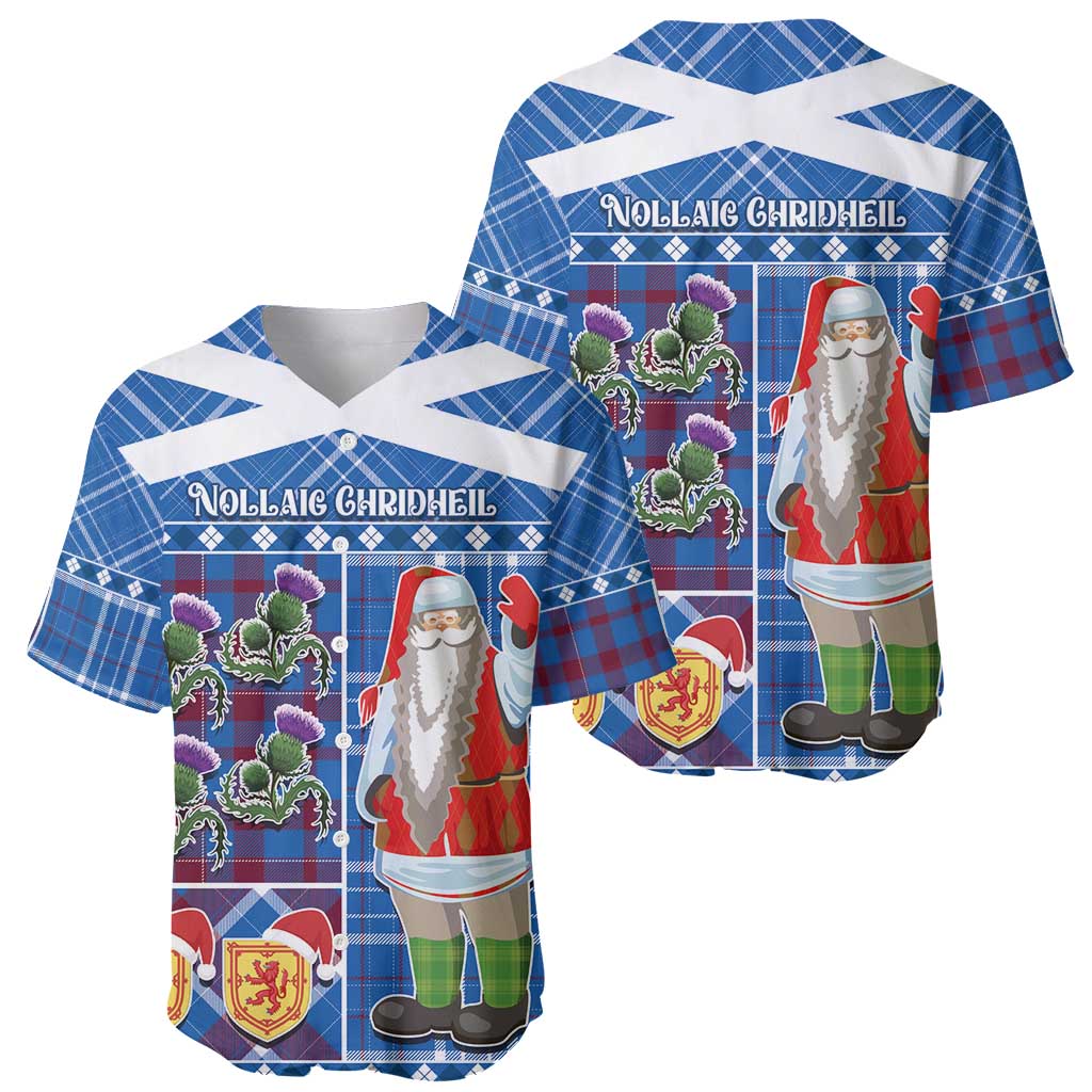 Pair of blue tartan baseball jerseys: front Santa print and back design