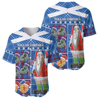 Pair of blue tartan baseball jerseys: front Santa print and back design