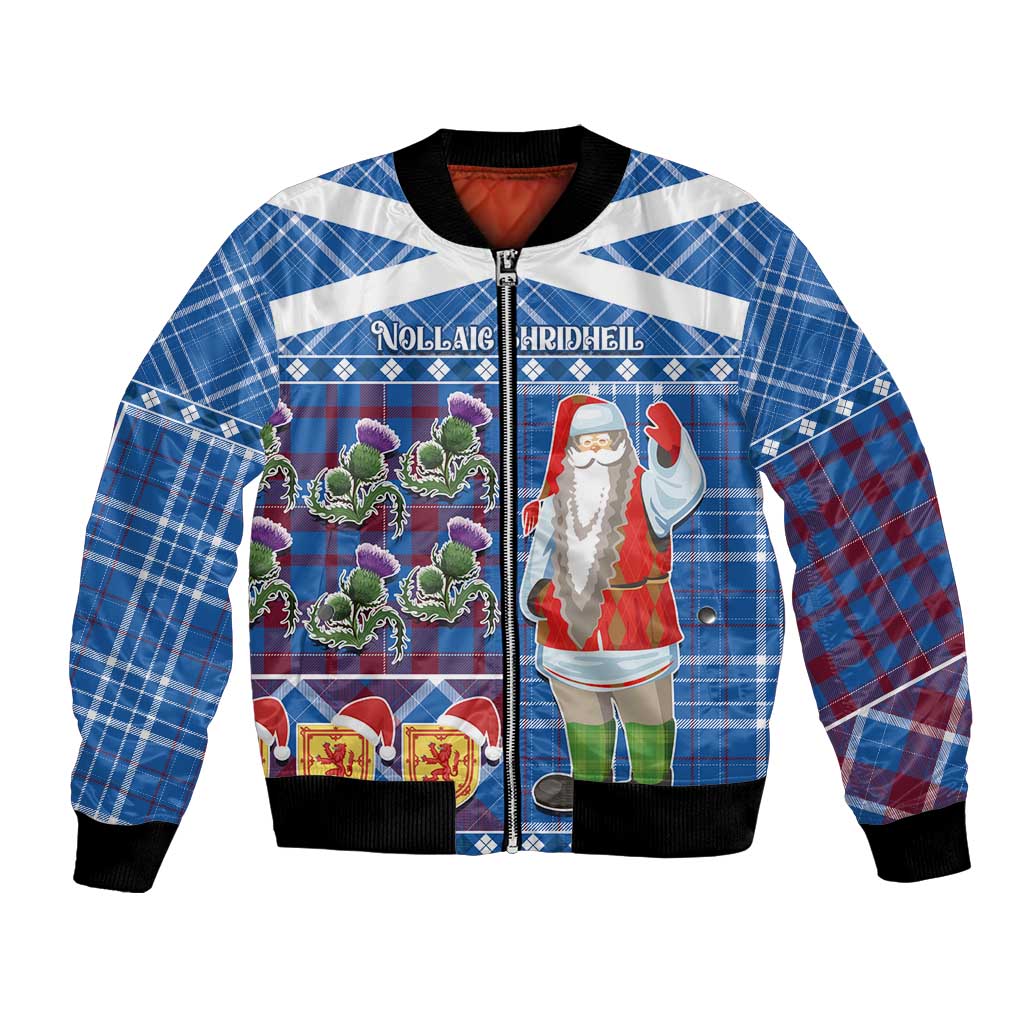 Unisex blue plaid bomber jacket with Santa Claus graphic, zip front and ribbed cuffs.