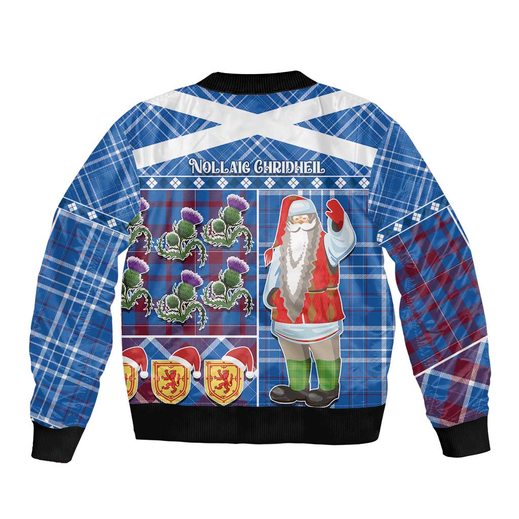 Unisex blue plaid bomber jacket, Santa Claus graphic on back, ribbed collar and cuffs.