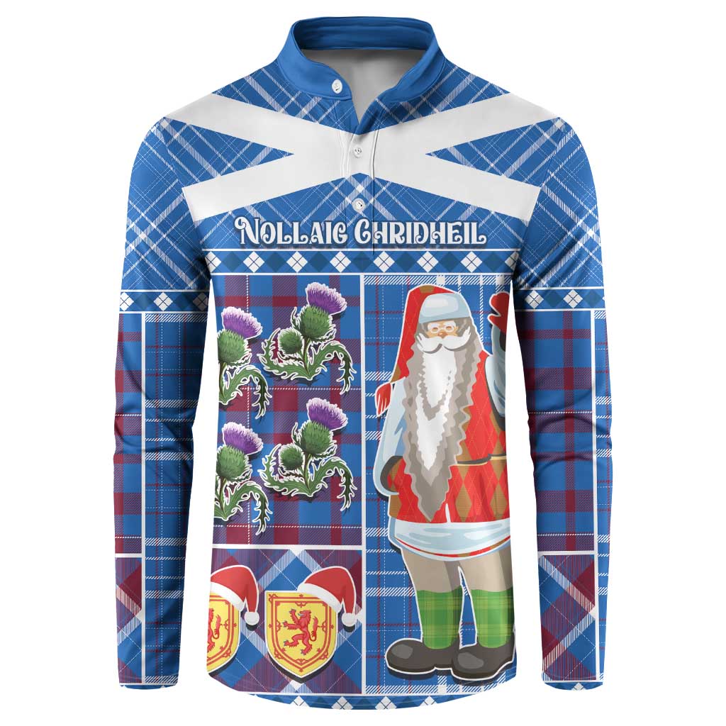 Blue tartan button-up sweatshirt with hood-like collar and Santa graphic