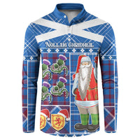 Blue tartan button-up sweatshirt with hood-like collar and Santa graphic