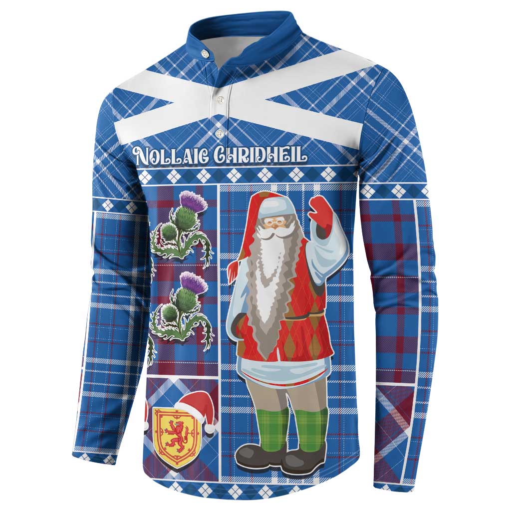 Blue plaid button-up sweatshirt with Santa and crest graphic, long sleeves