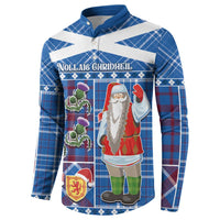 Blue plaid button-up sweatshirt with Santa and crest graphic, long sleeves