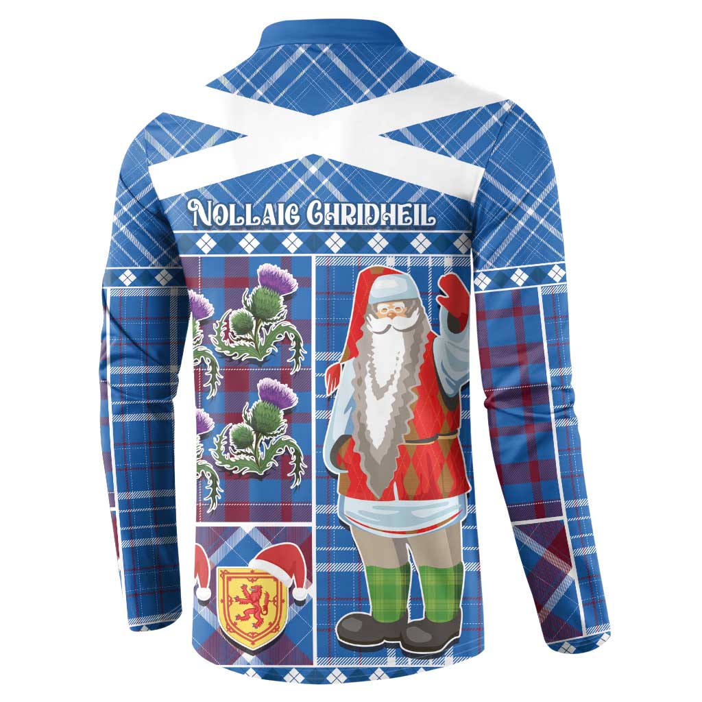 Blue plaid button-up sweatshirt with Santa graphic and tartan sleeves