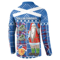 Blue plaid button-up sweatshirt with Santa graphic and tartan sleeves