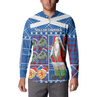 Blue plaid button-up sweatshirt with Santa graphic, worn by man model