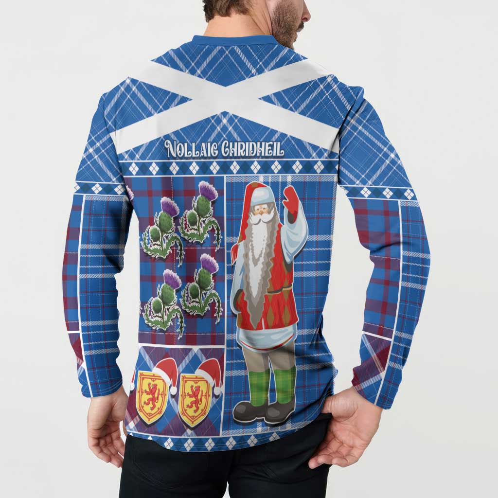 Blue plaid button-up sweatshirt with back Santa graphic and tartan panel