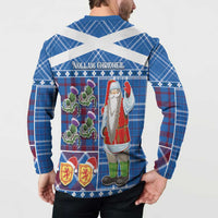 Blue plaid button-up sweatshirt with back Santa graphic and tartan panel