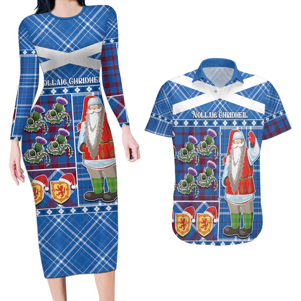 Santa Claus Thistle Scottish Christmas Couples Matching Long Sleeve Bodycon Dress and Hawaiian Shirt Tartan Pattern - Wonder Print Shop