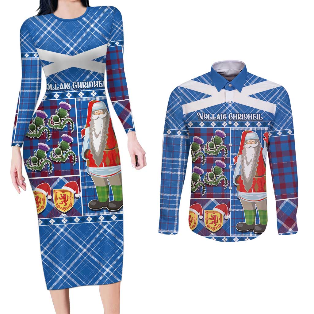 Santa Claus Thistle Scottish Christmas Couples Matching Long Sleeve Bodycon Dress and Long Sleeve Button Shirt Tartan Pattern - Wonder Print Shop