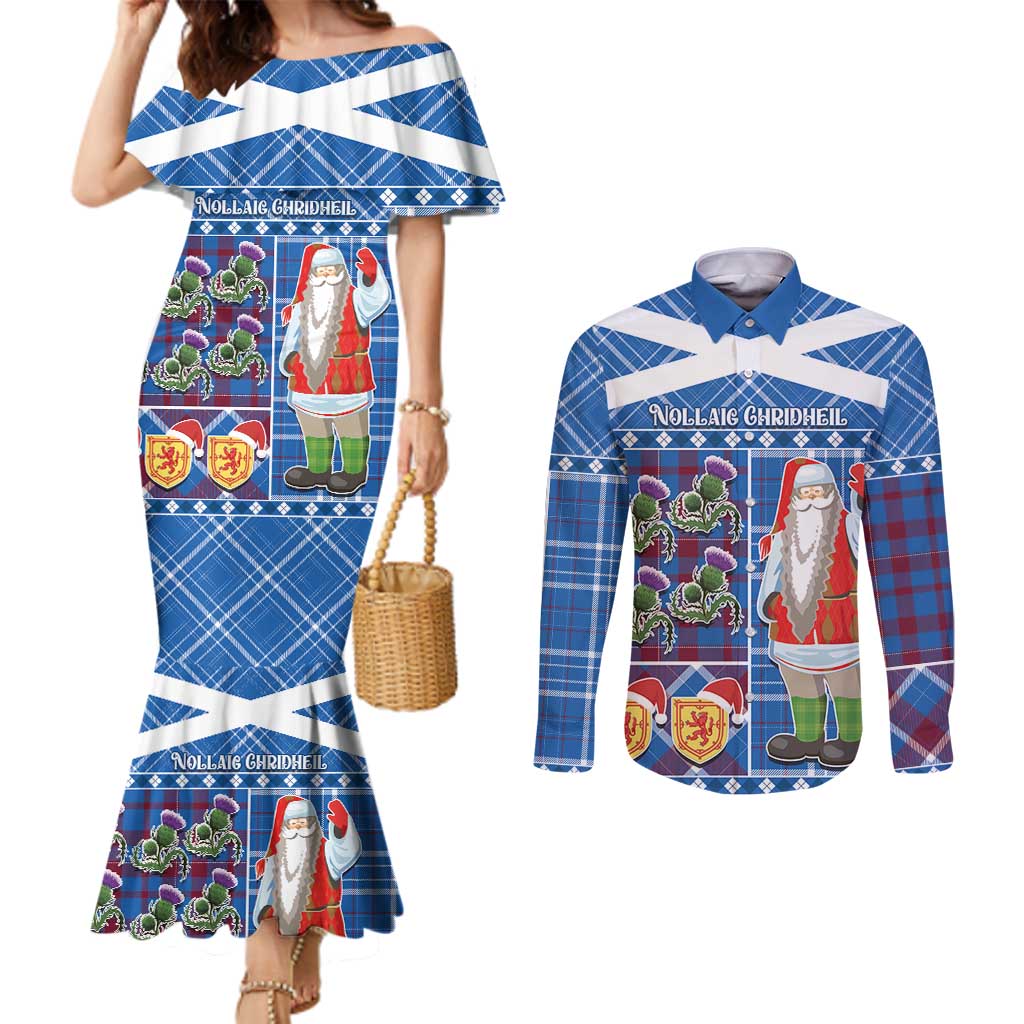 Santa Claus Thistle Scottish Christmas Couples Matching Mermaid Dress and Long Sleeve Button Shirt Tartan Pattern