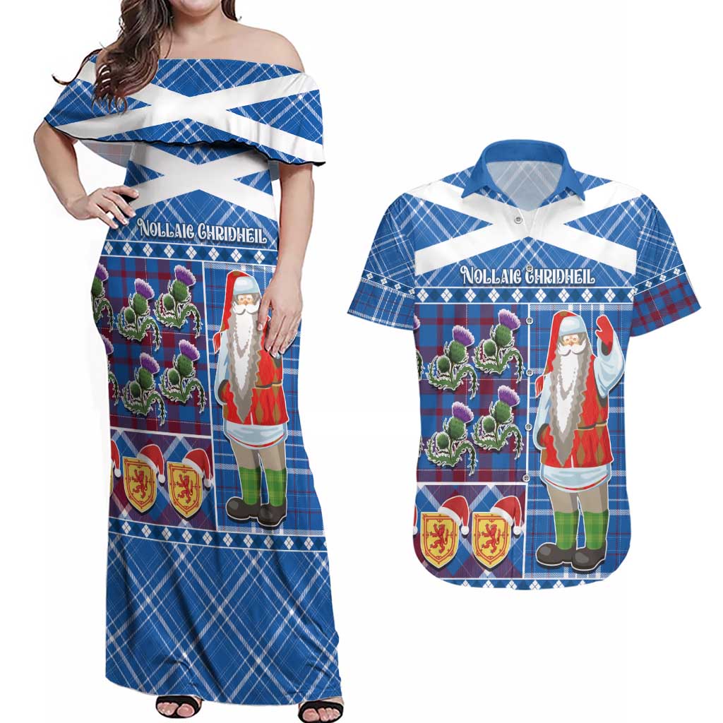 Santa Claus Thistle Scottish Christmas Couples Matching Off Shoulder Maxi Dress and Hawaiian Shirt Tartan Pattern - Wonder Print Shop