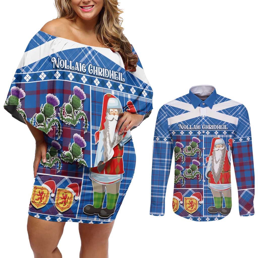 Santa Claus Thistle Scottish Christmas Couples Matching Off Shoulder Short Dress and Long Sleeve Button Shirt Tartan Pattern - Wonder Print Shop