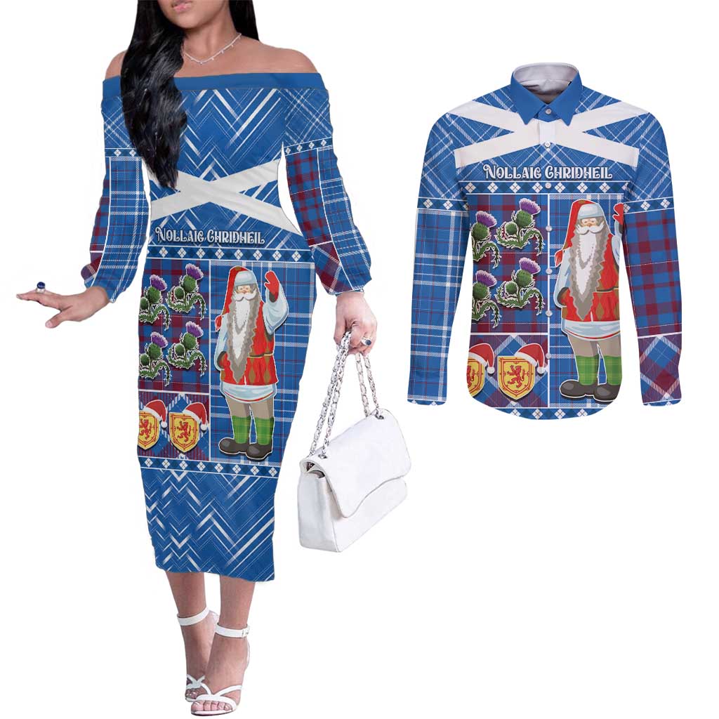 Santa Claus Thistle Scottish Christmas Couples Matching Off The Shoulder Long Sleeve Dress and Long Sleeve Button Shirt Tartan Pattern