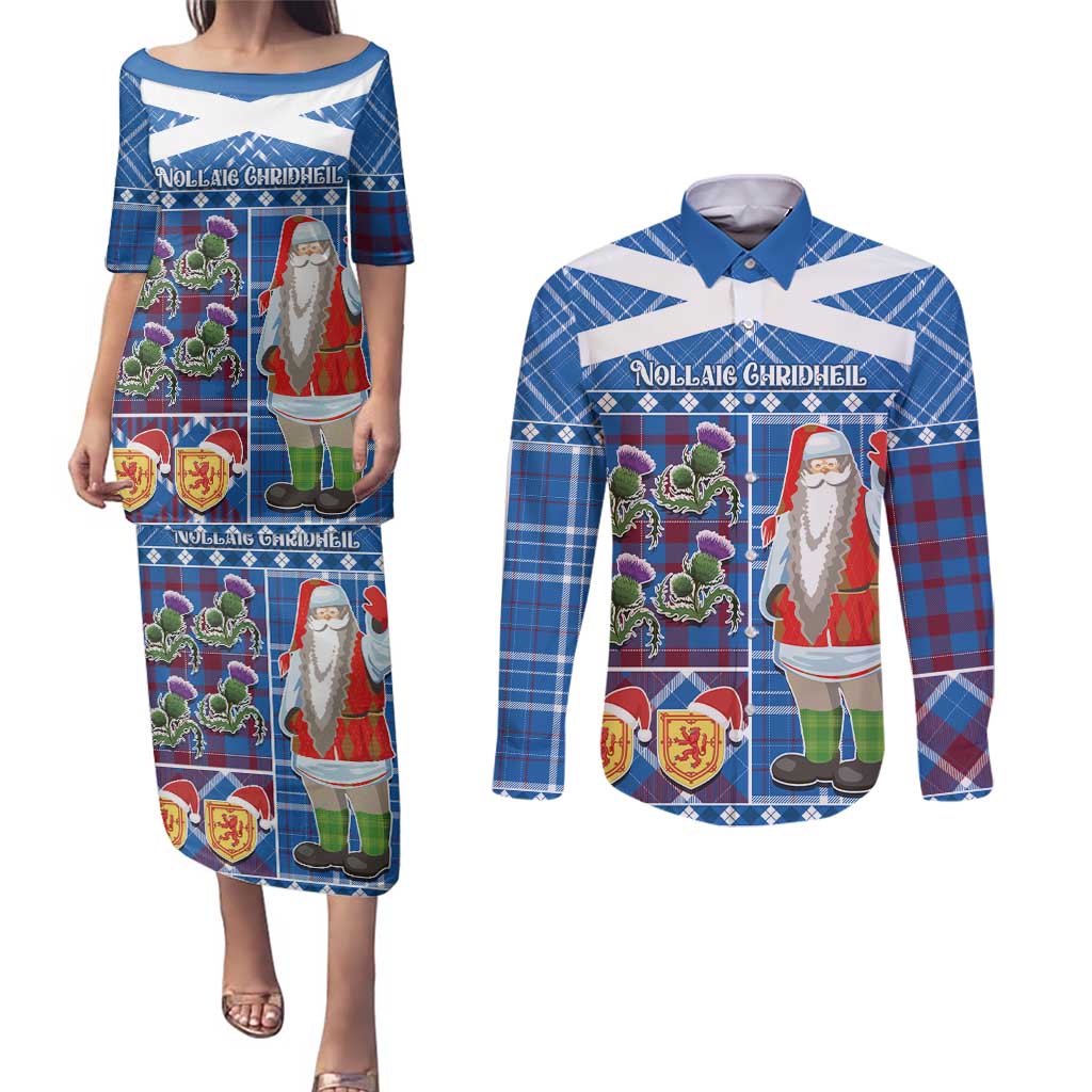 Santa Claus Thistle Scottish Christmas Couples Matching Puletasi and Long Sleeve Button Shirt Tartan Pattern - Wonder Print Shop