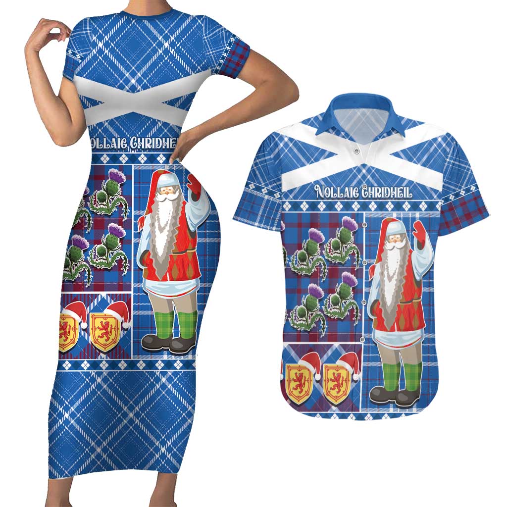 Santa Claus Thistle Scottish Christmas Couples Matching Short Sleeve Bodycon Dress and Hawaiian Shirt Tartan Pattern - Wonder Print Shop