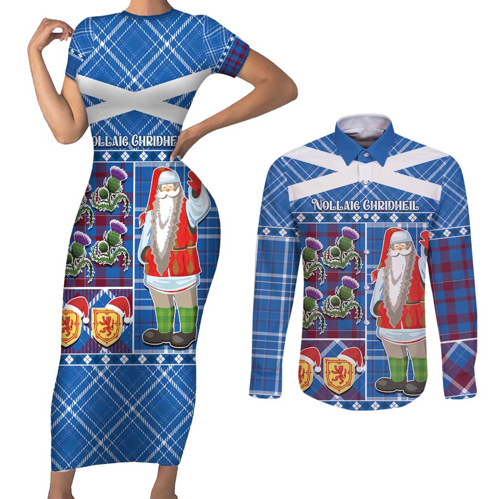 Santa Claus Thistle Scottish Christmas Couples Matching Short Sleeve Bodycon Dress and Long Sleeve Button Shirt Tartan Pattern - Wonder Print Shop