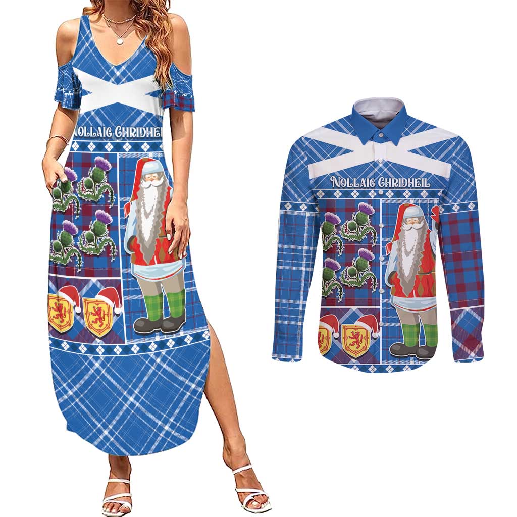 Santa Claus Thistle Scottish Christmas Couples Matching Summer Maxi Dress and Long Sleeve Button Shirt Tartan Pattern - Wonder Print Shop